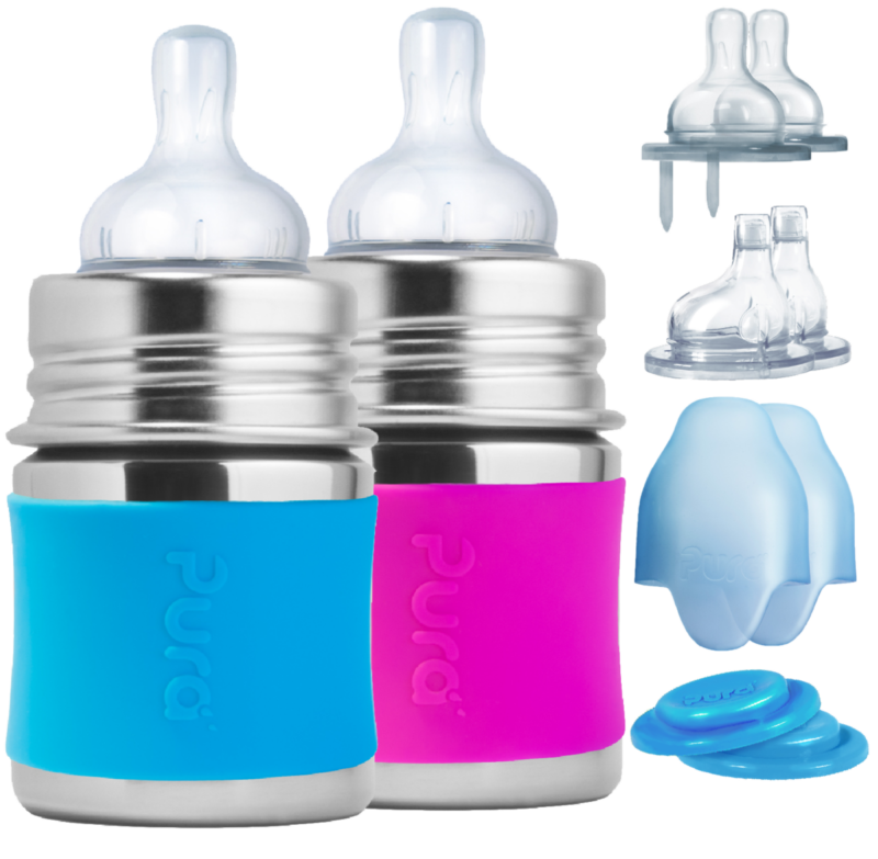 Stainless Steel Baby Bottle Starter Set by Pura with Extra Nipples