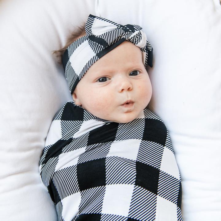 Buffalo Plaid Bamboo Swaddle and Knotted Headband Gift Set Little Sleepies
