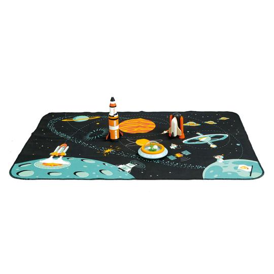 Space Themed Playset for Babies and Toddlers with Wooden Toys and Space Theme Playmat