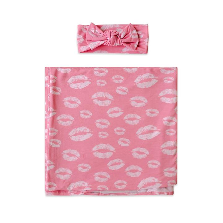 Little Sleepies Pink Kisses Swaddle & Headband Set
