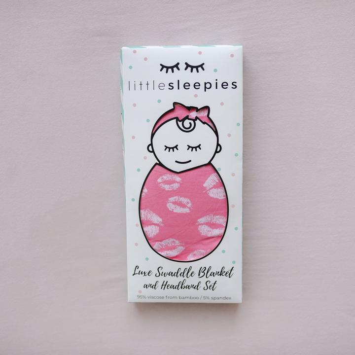 Little Sleepies Pink Kisses Swaddle & Headband Set