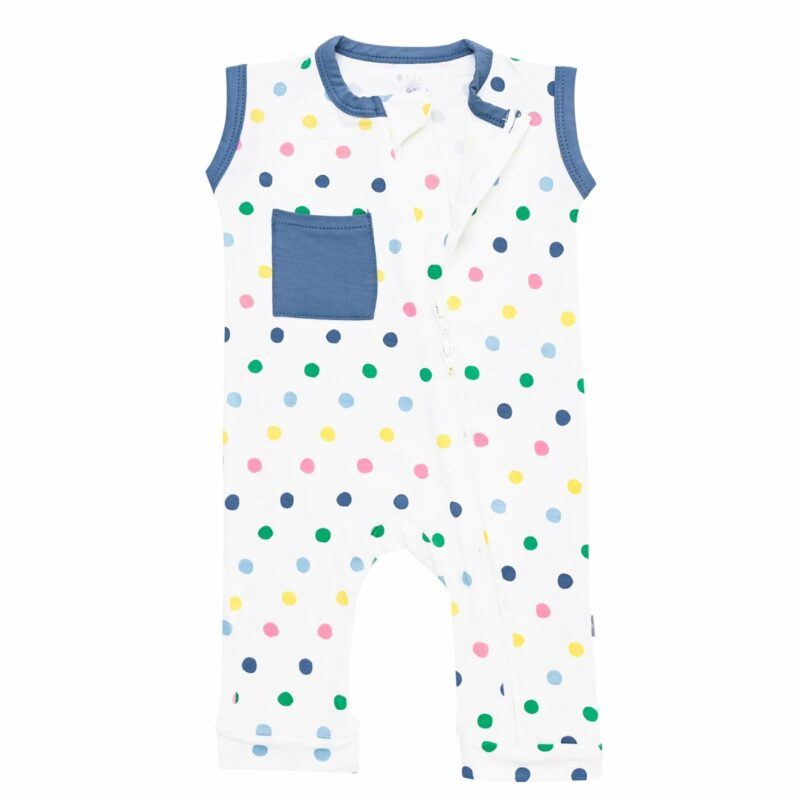 Kyte BABY Sleeveless Zippered Romper in Spring Polka Dots