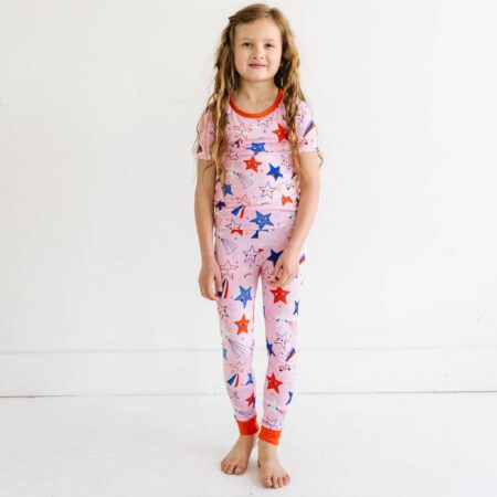 Little Sleepies Pink Stars & Stripes Two-Piece Short Sleeve Bamboo Viscose Pajama Set