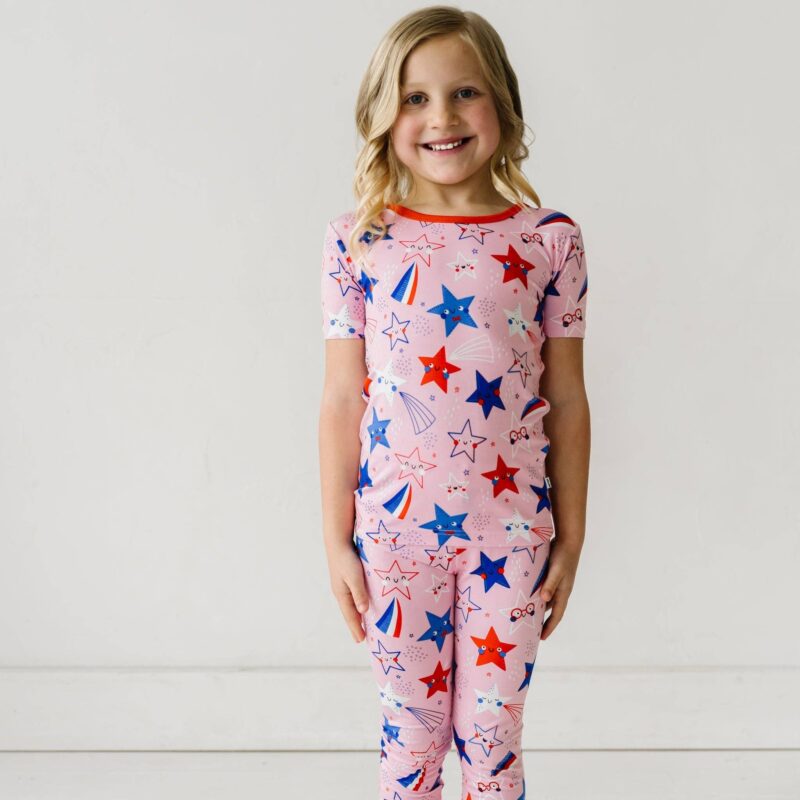 Pink Stars & Stripes Two-Piece Short Sleeve Bamboo Viscose Pajama Set from Little Sleepies