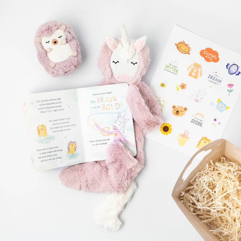 Rose Unicorn Snuggler and Lavender Hedgehog Mini Authenticity Gift Basket from Slumberkins