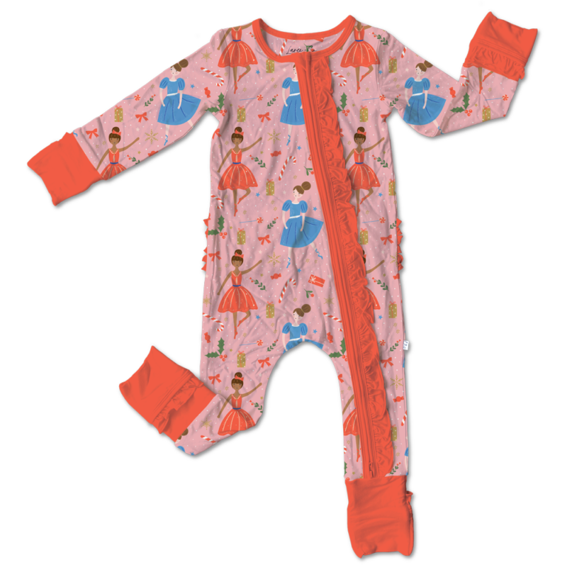 Sugar Plum Fairies Bamboo Viscose Ruffle Convertible Zipper Footie from Laree + Co