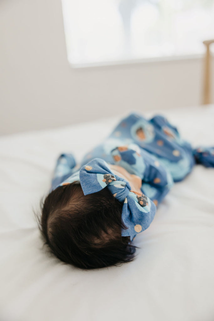Cookie Monster Knit Headband Bow made by Copper Pearl