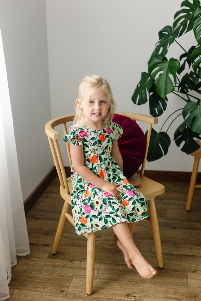 Muse Threads Stone Fruit Orchard Ruffle Cap Sleeve Skater Dress