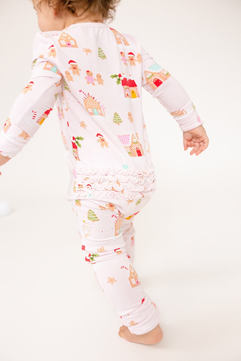 Angel Dear Gingerbread Village Pink Bamboo Viscose Ruffle Zipper Romper