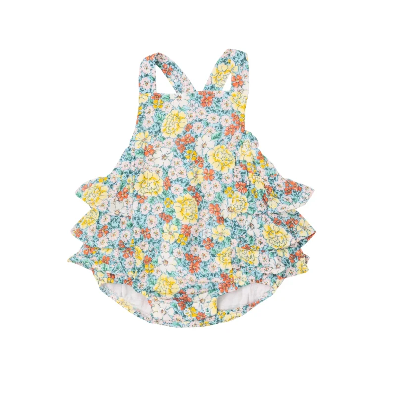 Angel Dear Golden Peony Floral Muslin Ruffle Sunsuit