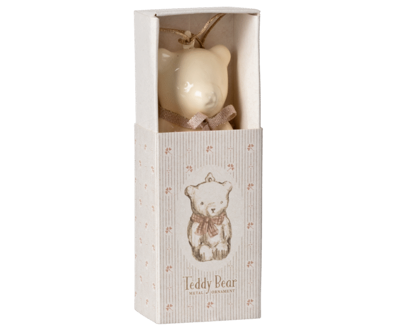 Off White Teddy Bear With Rose Ribbon Metal Ornament made by Maileg