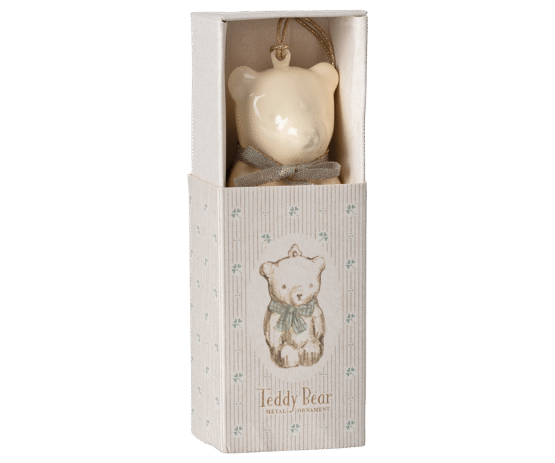 Off White Teddy Bear With Blue Ribbon Metal Ornament from Maileg