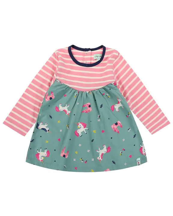 Mix Fabric Dress Unicorn/Stripe by Lilly + Sid - FINAL SALE