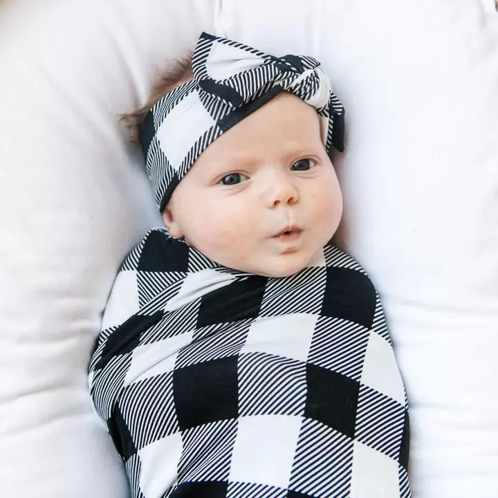 Buffalo Plaid Bamboo Swaddle and Knotted Headband Gift Set Little Sleepies