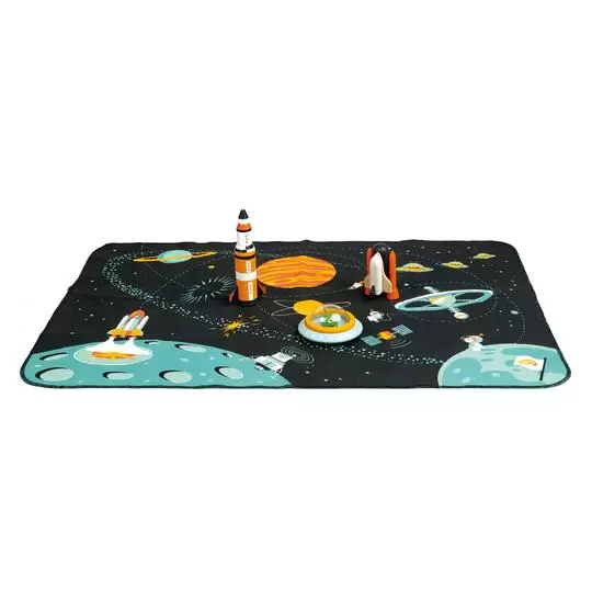 Space Themed Playset for Babies and Toddlers with Wooden Toys and Space Theme Playmat