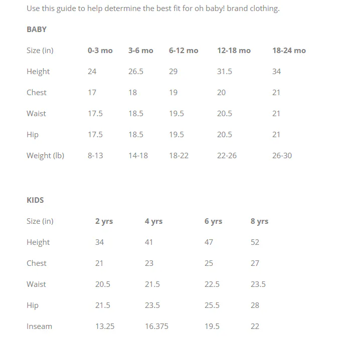oh baby! Size Chart