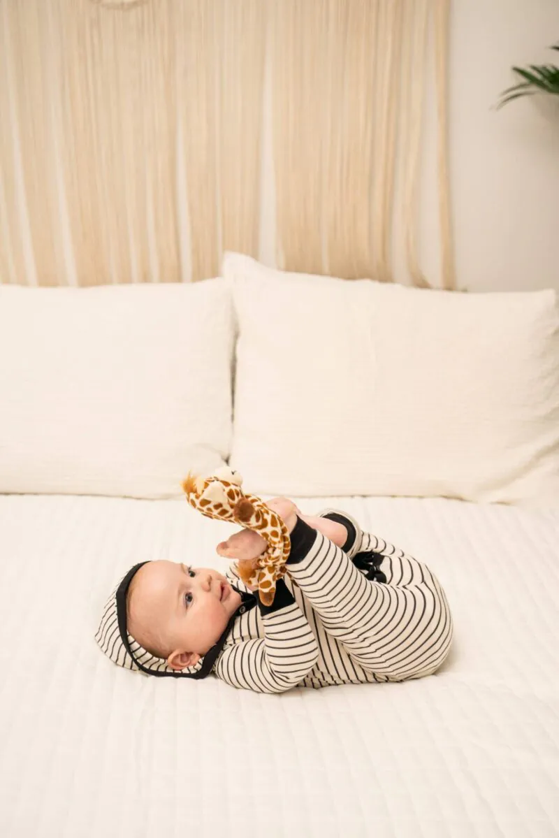 Yacht Stripe White Bamboo Hooded Pocket Romper from Sweet Bamboo