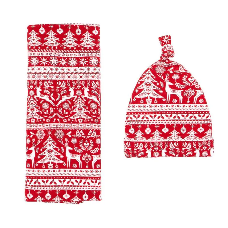 Reindeer Cheer Bamboo Viscose Swaddle and Hat Set from Little Sleepies