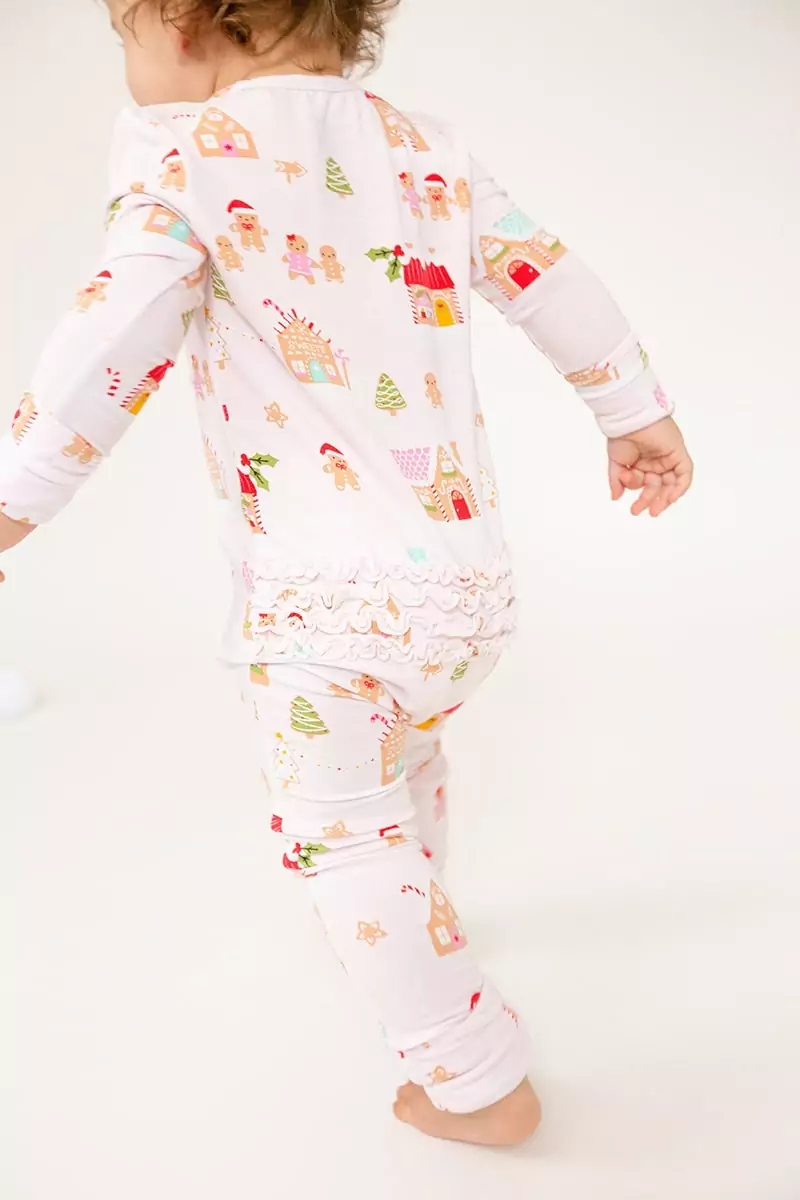 Angel Dear Gingerbread Village Pink Bamboo Viscose Ruffle Zipper Romper