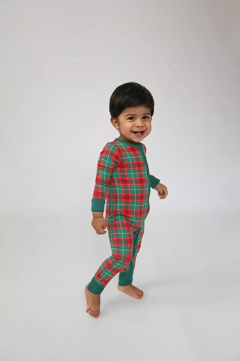Angel Dear Holiday Plaid Bamboo Viscose Zipper Romper