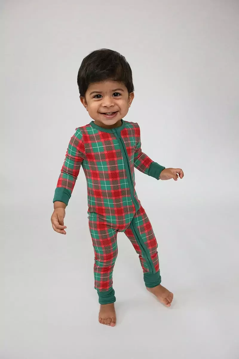 Angel Dear Holiday Plaid Bamboo Viscose Zipper Romper