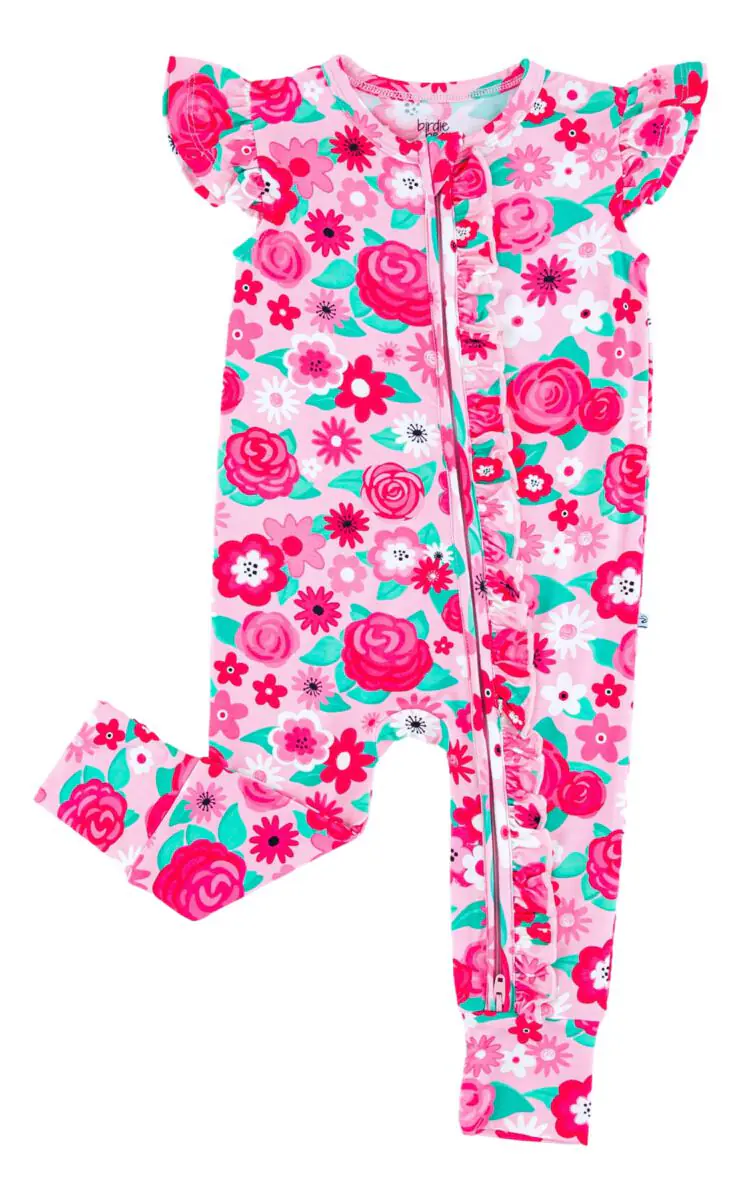 Rosie Bamboo Viscose Ruffle Zip Romper available at Blossom