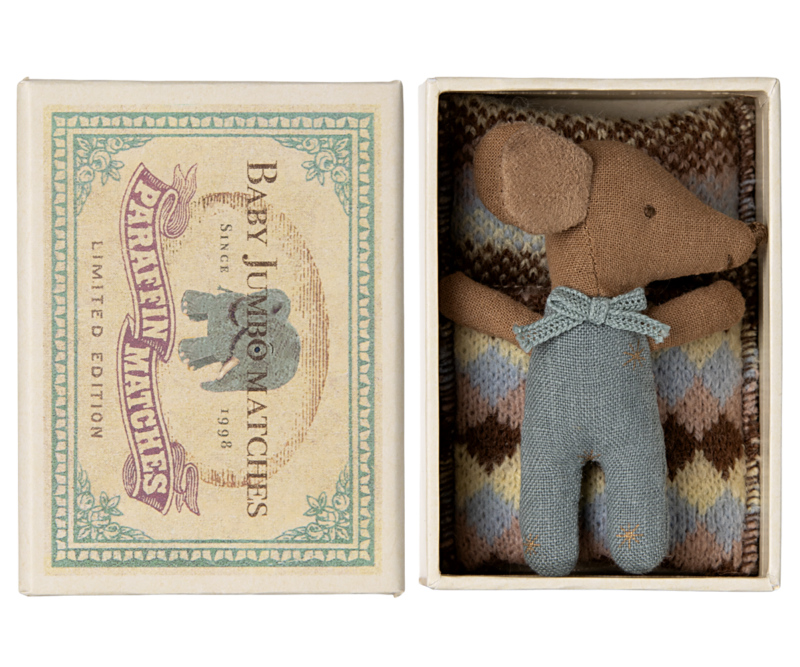 Maileg Sleepy Wakey Baby Mouse in Matchbox in Blue