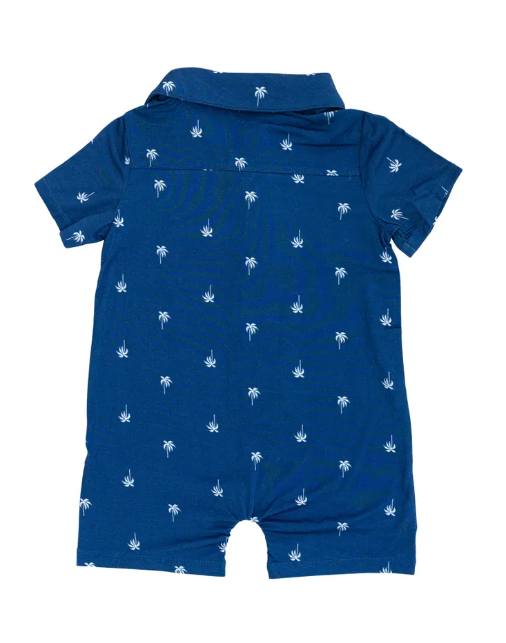Classic Blue Palm Tree Short Sleeve Collared Henley Romper from Stone and Rose