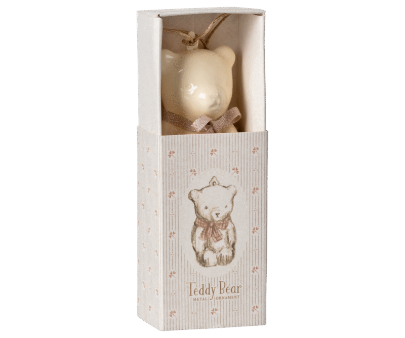 Off White Teddy Bear With Rose Ribbon Metal Ornament made by Maileg