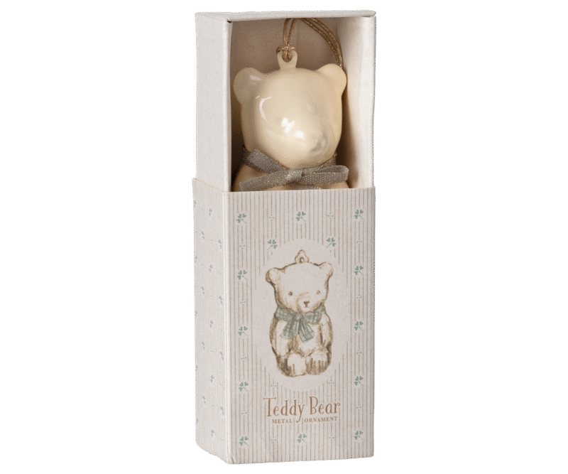 Off White Teddy Bear With Blue Ribbon Metal Ornament from Maileg